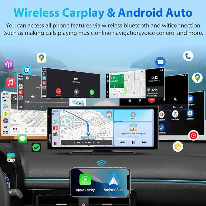 CARPURIDE W903S Wireless Carplay & Android Auto Screen with 3 Channel Dash Cam, 4K Front &1080P Rear, 1080P Infrared Cabin Camera for Cars with 64GB Card, Loop Recording, Bluetooth