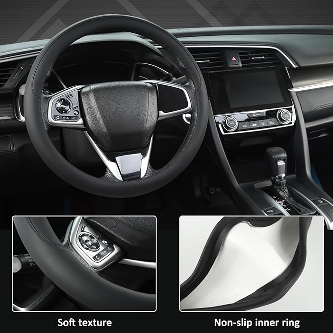 West Llama Thin Car Steering Wheel Cover, Universal 14.5-15 inch Nappa Leather Steering Wheel Cover, Ultra Thin, Anti-Slip, Breathable(Black-Standard Size)