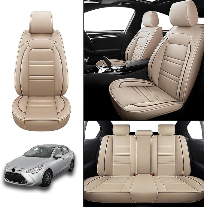 Seat Covers for Toyota Yaris 2007-2020 | 5-Seats Leather Seat Covers, Easy to Install Automotive Seat Covers Full Set (Full Set, Beige)