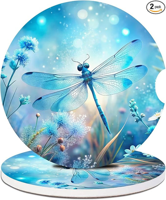 2 Pack Car Cup Holder Coaster-Blue Dragonfly Absorbent Ceramic Coaster,Car Coasters for Cup Holders,Auto Accessories for Women & Men