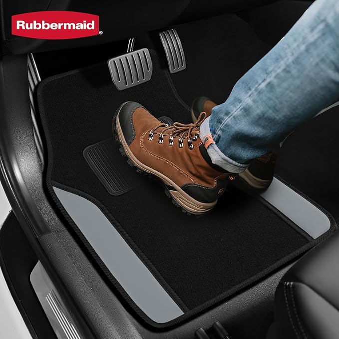 Rubbermaid Car Mats, Carpeted Floor Car Mat with Faux Leather & Built-in Heel Pad, Two-Tone Car Rug Floor Mats, Stylish Carpeted Floor Mats for Cars, Trucks & SUVs Gray Color