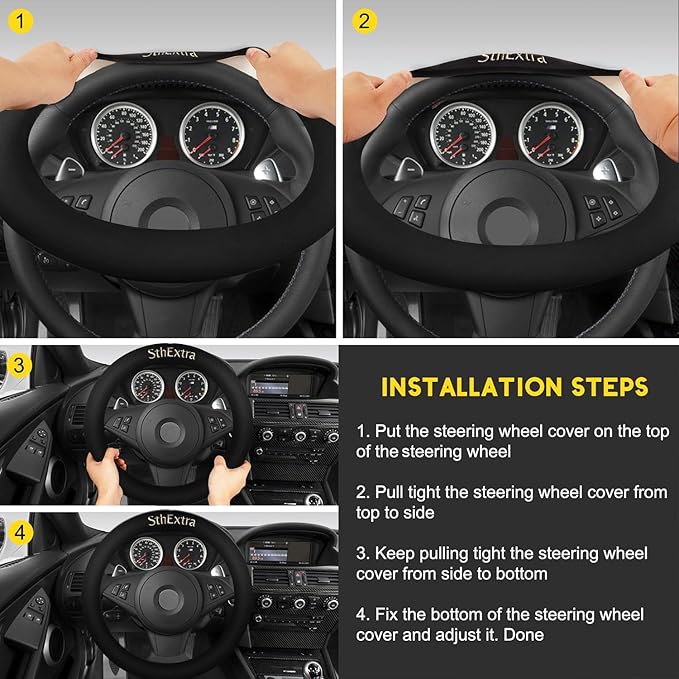 Suede Steering Wheel Cover with Upgraded Silicone Inner Ring, Anti Heat, Breathable, Anti-Slip, Leather Universal 14.5 to 15 inch Steering Wheel Cover (Black with Embroidery Mark)