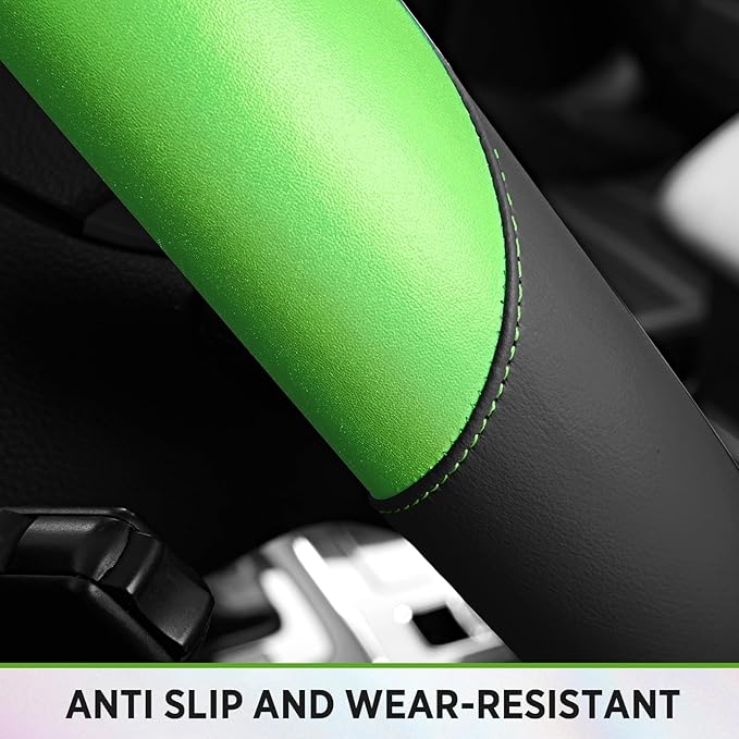 Road Comforts Steering Wheel Cover – Breathable Leather Steering Wheel Cover, Anti-Slip Grip, Universal Fit 14.5” to 15”, Heat & Cold Resistant for Cars, SUVs, and Trucks – Black & Shining Green