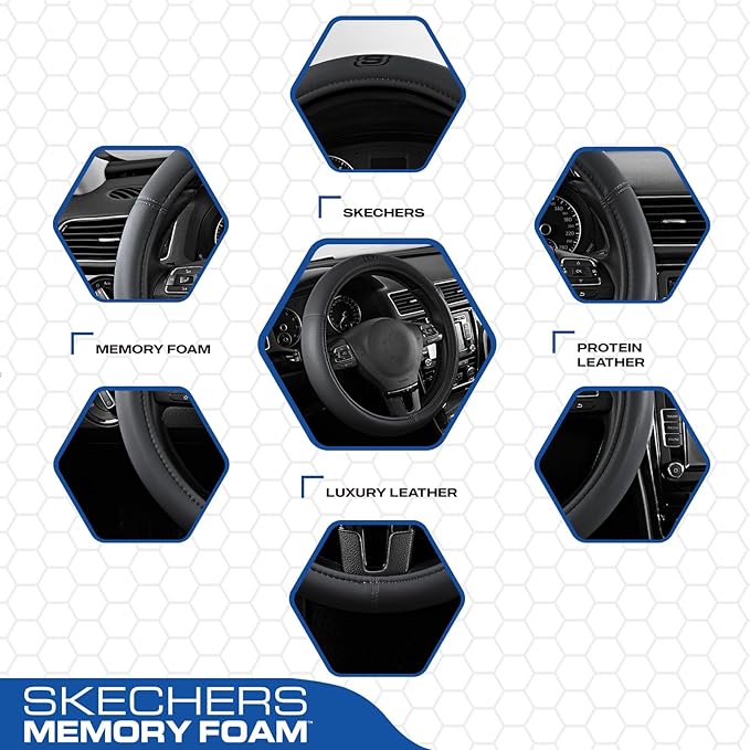 Skechers Memory Foam Steering Wheel Cover,Grade Protein Leather Steering Wheel Cover,Universal Anti-Slip Fit 14" 1/2-15" Car Wheel Cover for Men Women Fit Suvs,Vans,Sedans,Car,Trucks,Grey