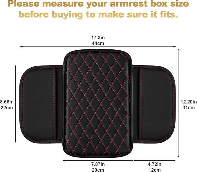 Car Armrest Cover Fit for Acura RLX Leather Center Console Cover Cushion with 2 Storage Bags(Black&Redline)