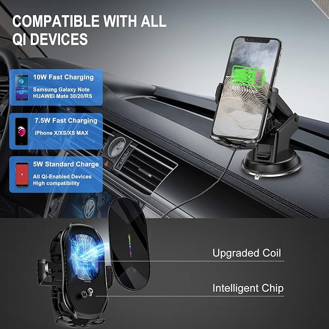 Wireless Car Charger,15W Qi Fast Charging Auto-Clamping Air Vent Windshield Dashboard Car Phone Mount,Long Arm Suction Cup Holder for iPhone Samsung LG
