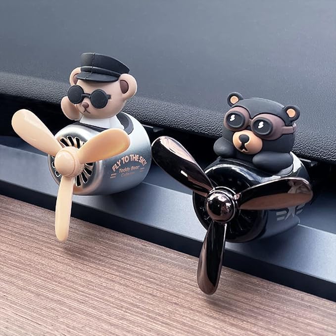 2 Pcs Pilot Car Air Freshener, Cute Duck Car Vent Clip Air Freshener Automotive Air Outlet Fan Diffuser, Automotive Interiors Vent Decoration (Bear+Bodun)