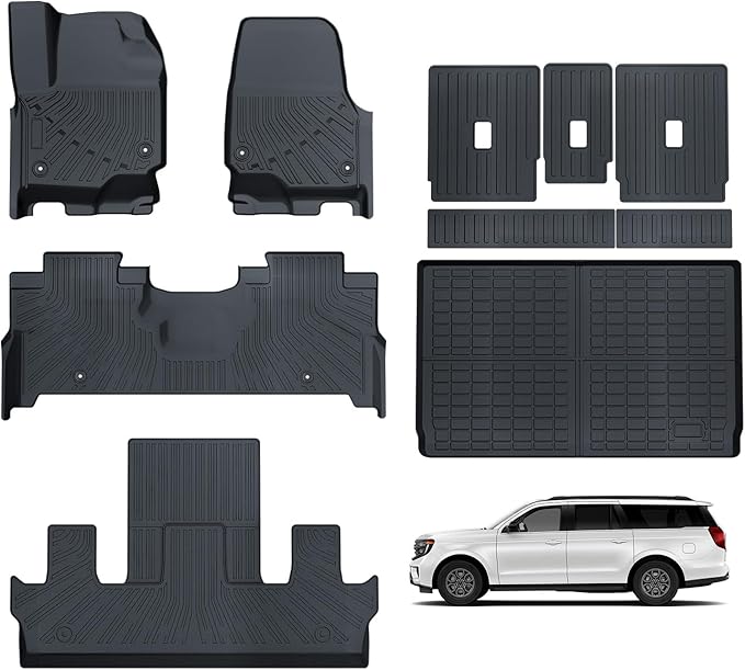 All-Weather Car Floor Mats & Cargo Liner for 2025 Ford Expedition MAX 7 Seats TPE Anti-Slip Full Set Floor Liner with Trunk Mat &2nd/3rd Row Backrest Waterproof Automotive Expedition Max Accessories