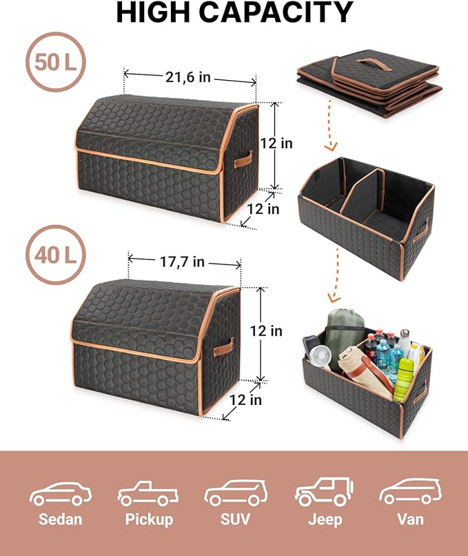 Owleys Rear Cargo Organizer For SUV | Set Of 17.7" & 21.6" Eco-Leather Crates | Foldable Car Storage With Magnetic Lids | Durable Car Trash Bin & Tote | Stylish Gifts For Boyfriend | Black-Brown