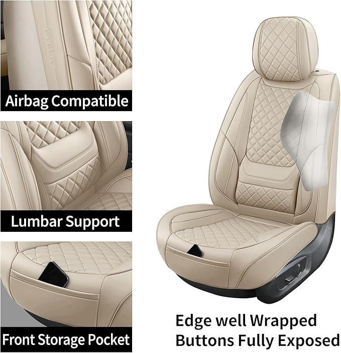 Leather Car Seat Covers Full Set Breathable Automotive Seat Covers Waterproof Seat Protectors Universal Fit for Most Automotive Cars SUV Trucks Van (Beige, Full Set)
