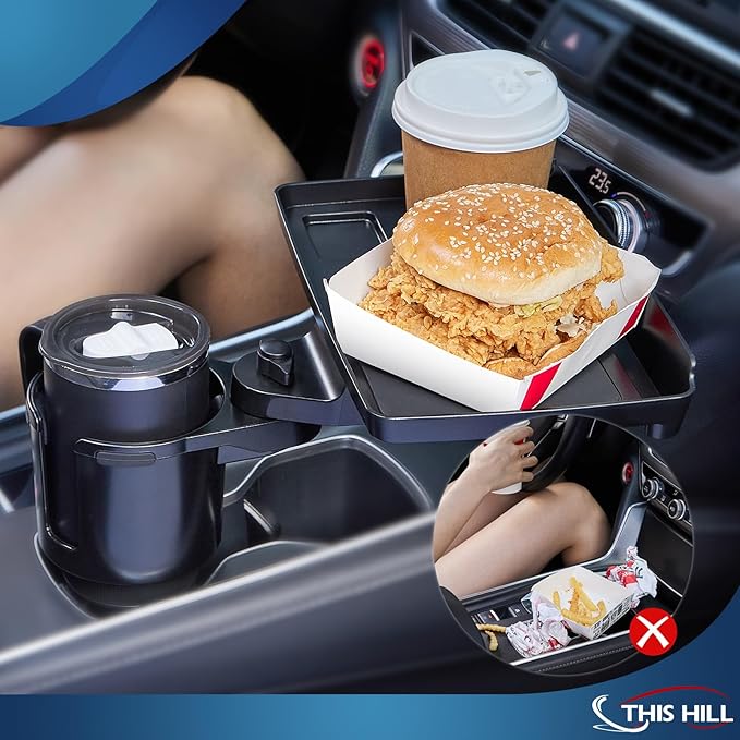 This Hill Cup Holder Tray for Car, 2 in 1 Detachable Car Food Table Tray with Solid Base & Phone Slot,Car Cup Holder Expander with 360°Rotation Tray for Travel Road Essentials