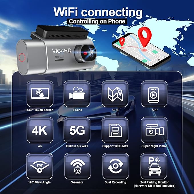 3 Channel 4K Dash Cam Front and Rear Inside for Cars, Sony Sensor, 1080P Cabin and Rear, Wide Angle, Night Vision, WiFi GPS, Parking Monitor, Loop Recording, Touch Screen, 64GB Card Included