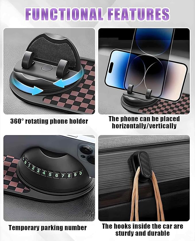 5PCS Anti Slip Mat for Car Dashboard with Storage Hook Set, 360° Multifunction Phone Pad Holder with Temporary Parking Number