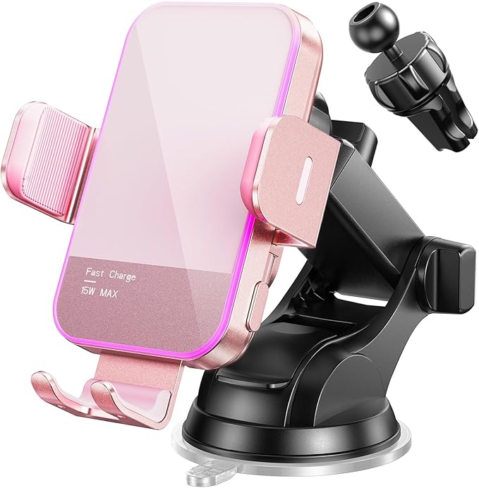 Wireless Car Charger,【7 Colored LED Backlit】 15W Auto Clamping Car Charger Phone Mount Holder fit for iPhone 14 13 12 Mini Pro Max 11 XR XS, Samsung Galaxy S23 Ultra S22 S21+ S10+ Note 20, etc - Pink