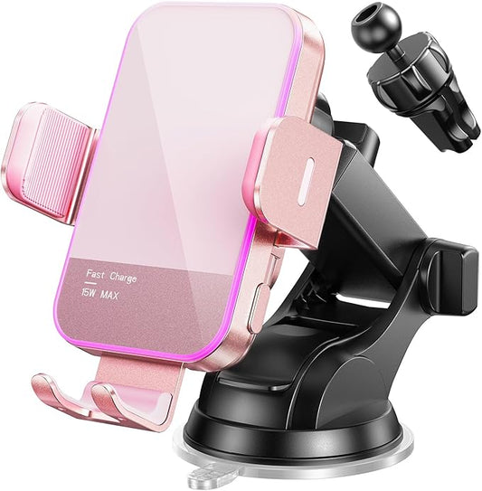 Wireless Car Charger,【7 Colored LED Backlit】 15W Auto Clamping Car Charger Phone Mount Holder fit for iPhone 14 13 12 Mini Pro Max 11 XR XS, Samsung Galaxy S23 Ultra S22 S21+ S10+ Note 20, etc - Pink