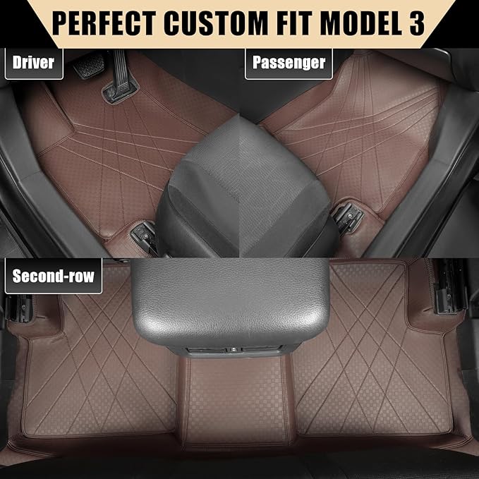 EKR Custom Floor Mats for Tesla Model 3 2017-2023, Front & 2nd Row Luxury Car Floor Mat Fit Model 3 2017 2018 2019 2020 2021 2022 2023 - Leatherette Floor Liners (Brown)