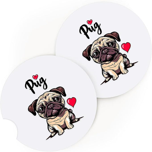 2 Pack Pug Car Cup Holder Coaster, Cute Pug Car Interior Accessories Drink Coaster for Women & Men, Pug Lovers Themed Gifts Stuff Accessories Things Merchandise Items!