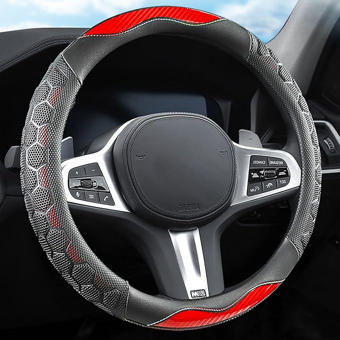 3D Honeycomb Red Steering Wheel Cover, 14.5-15 Inch Non-Slip Breathable Leather Car Steering Wheel Cover for Men Women