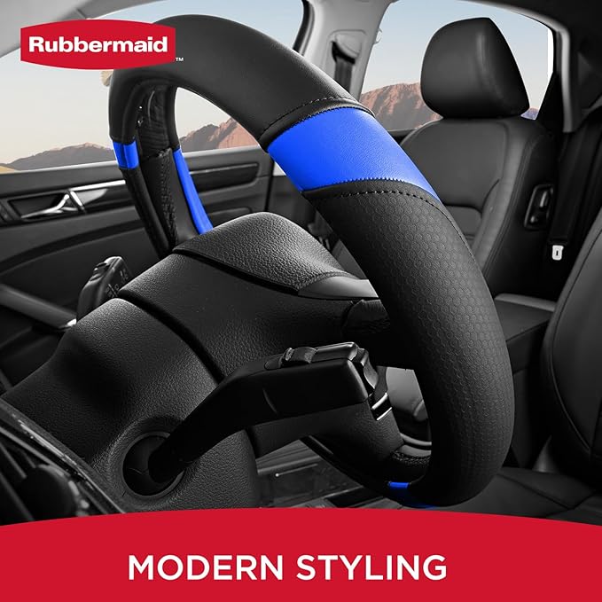 Rubbermaid Steering Wheel Cover – Universal Fit 14.5"–15" Steering Wheel Cover, Anti-Slip Grip, Breathable Leather, All-Season Protection, Interior Upgrade for Cars, Trucks, SUVs - Blue