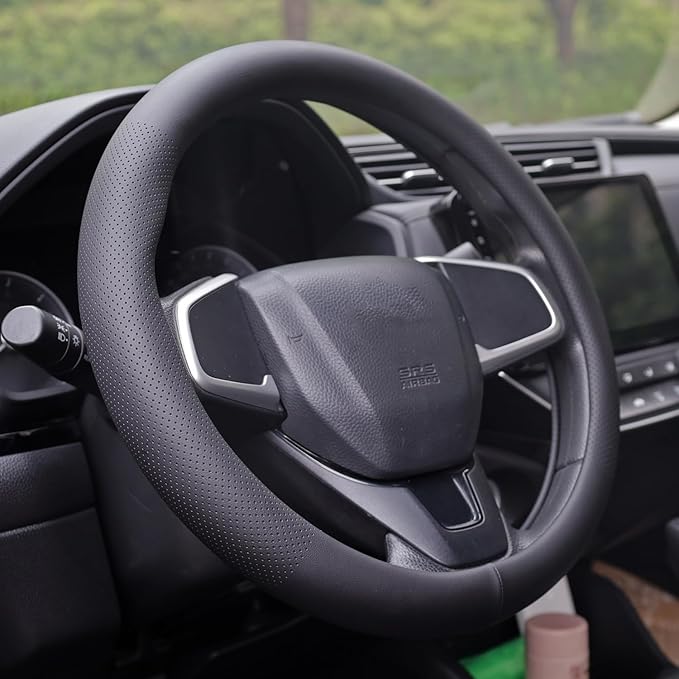 XHRING Car Steering Wheel Cover for Ford F150 F250 Raptor F250 Super Duty F350 Expedition Accessories F-150 XL XLT Lariat King Ranch Platinum Limited Lightning Tremor Leather Black 15 ½''-16''