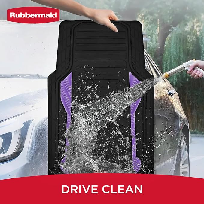 Rubbermaid Car Floor Mat, Heavy Duty All-Weather Car Mats Full Set with Dual-Tone Purple Aluminum Inserts – Universal Fit, Anti-Slip Backing, Trim-to-Fit for Most SUV, Sedan, Van
