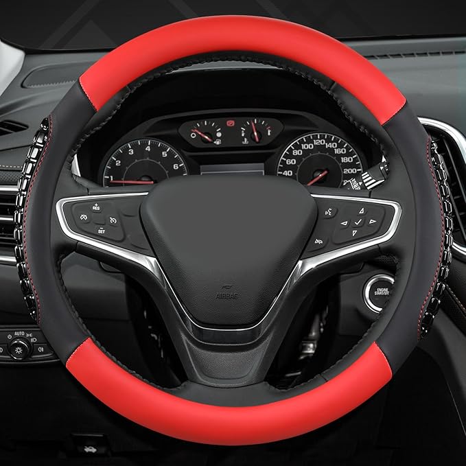 West Llama Nappa Leather Car Steering Wheel Cover Gel Massage,Cool in Summer,Universal 15 inch(Red+Black-Standard Size)