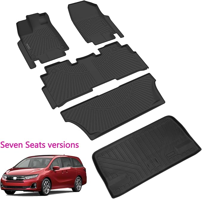 Floor Mats & Trunk Mat for 2018-2024 2025 Honda Odyssey 7 Seats TPE All Weather Protection 3 Rows Full Set Car Floor Liners with Cargo Liners for Honda Odyssey-Black