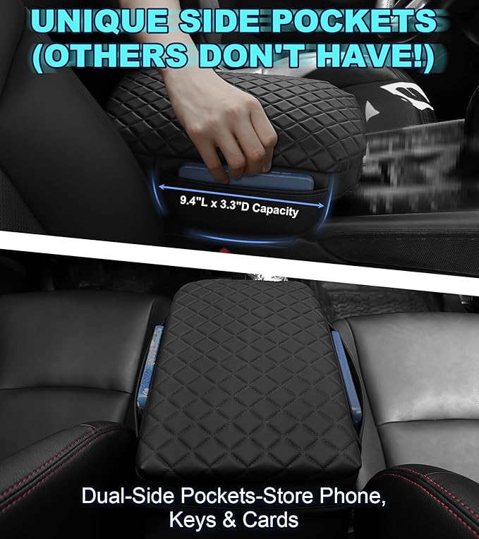 Armrest Cover for Toyota 4Runner Center Console Pad with Organizer Storage Pockets, Black Faux Leather Arm Rest Lid Protector Cushion Interior Accessories (2003-2009)