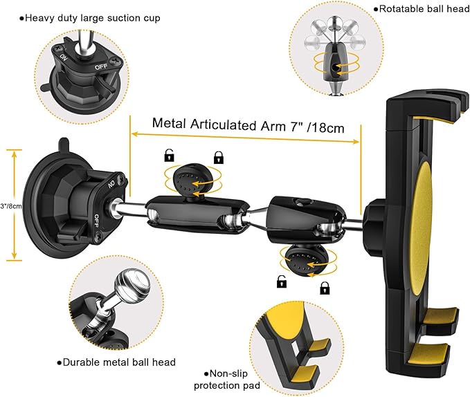 Suction Car Tablet Mount Heavy Duty, Truck Windshield Window Dashboard Tablet Holder [Strong Suction & Flexible] for iPad Pro Air Mini, Galaxy Tab, iPhone, 4-12.9" Phones & Tablets