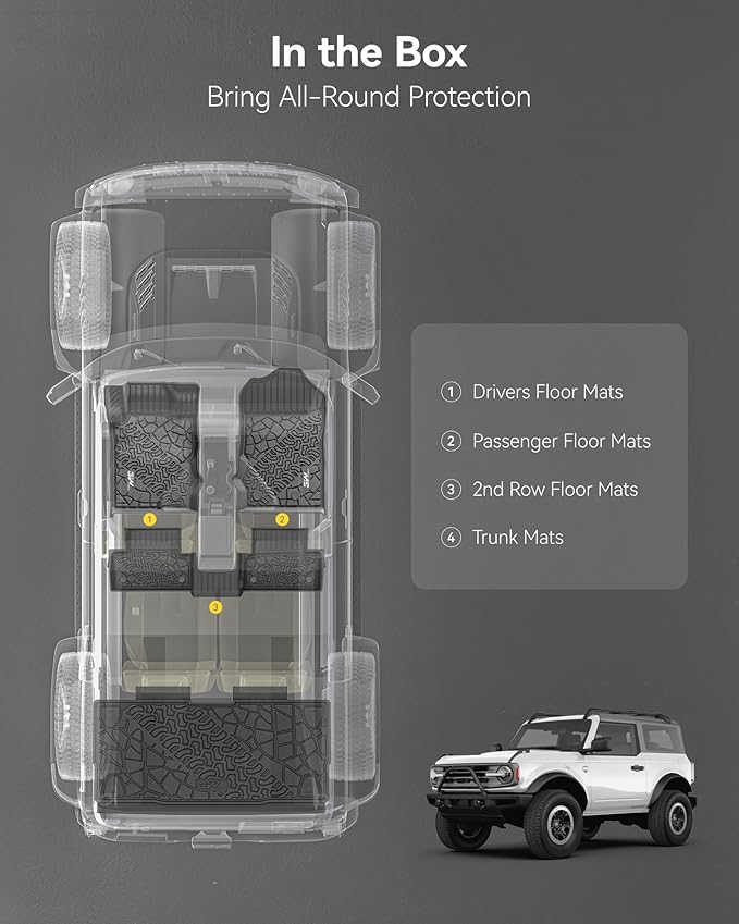 3W Floor Mats & Cargo Liner Fit for 2021 2022 2023 2024 2025 Ford Bronco 2 Door All Weather TPE Car Accessories Custom Fit Floor Liner and Full Set Car Mats (Not for Bronco Sport & Rubberized Floor)
