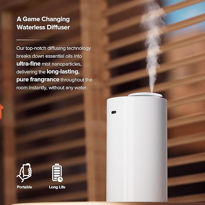 Waterless Essential Oil Diffuser for Home Aromatherapy Car Nebulizing Diffuser Battery Operated 5-20mL Mini Scent Air Machine Up to 600 Sq.Ft. 4Timer 3 Mist-Level (AN7 White)