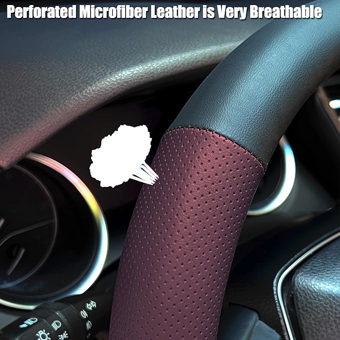 Steering Wheel Cover Standard Size 14.5-15 inch, Non-Slip Car Wheel Cover Protector, Breathable Microfiber Leather, Black and Burgundy