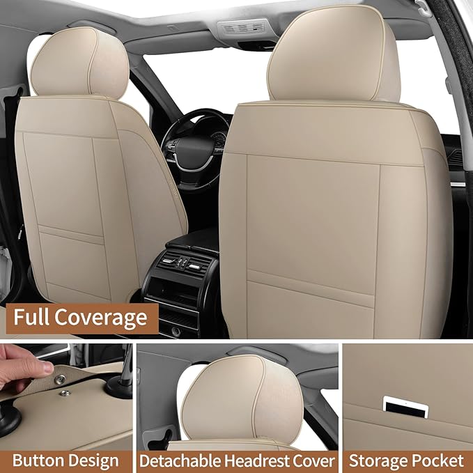 Leather Car Seat Covers Full Set Breathable Automotive Seat Covers Waterproof Seat Protectors Universal Fit for Most Automotive Cars SUV Trucks(Beige, Full Set)