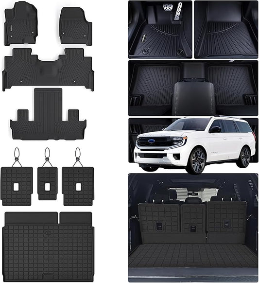 All-New 2025 Floor Mats for Ford Expedition MAX(Only Fit Max 7 Seats / 2nd Row Bench Seat) with Cargo Liners,TPE All Weather Protection Floor Liners with Trunk Mat Covering The Backrest