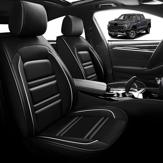 Seat Cover for Chevy Silverado 1500 2007-2025 | Car Seat Covers Front Seats, Waterproof Seat Protectors, Automotive Front Seat Covers (Front Seat, Black&White Line)