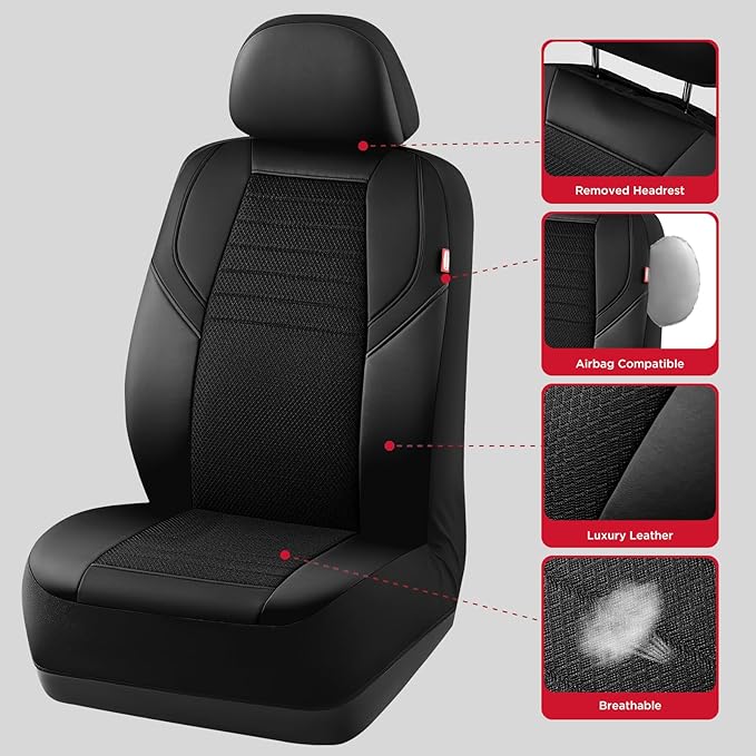Rubbermaid Car Seat Cover, Leather & Air-Cool Mesh Front Seat Cover, Airbag Compatible, Slip-On Installation, Automotive Seat Cover Universal Fit for Most Cars, Trucks, SUVs-Black