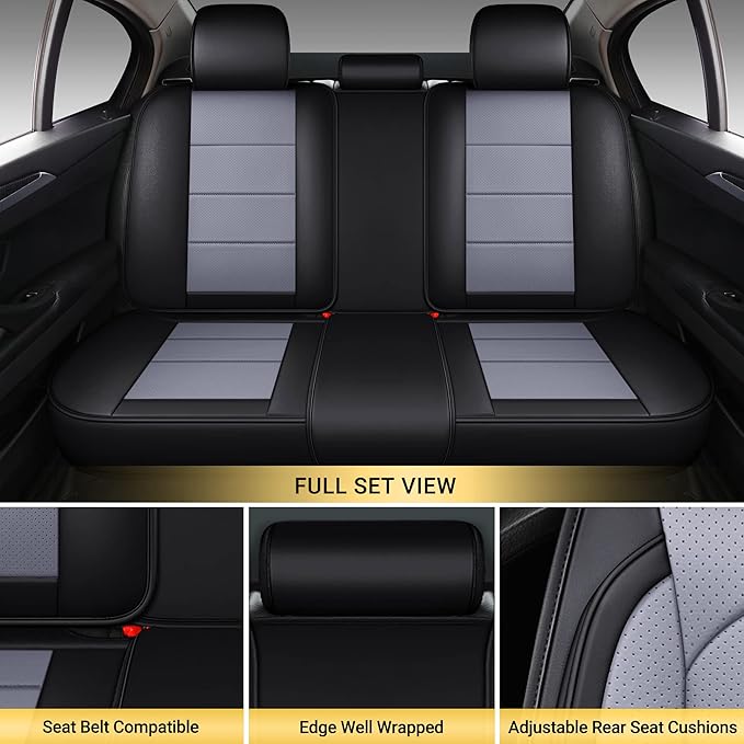 AOOG Leather Car Seat Covers with Car Backseat Organizer, Universal fit Automotive Vehicle Most Sedan SUV Pick-up Truck (Full Set, Black&Grey)