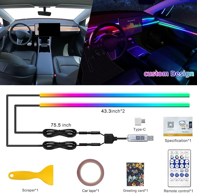 Dreamcolor Acrylic Interior Car LED Strip Light with USB/Type C, RGB 2 in 1 with 86.6 inches LED Strip, Dynamic Chasing Music Sync Neon Ambient Lighting Kits