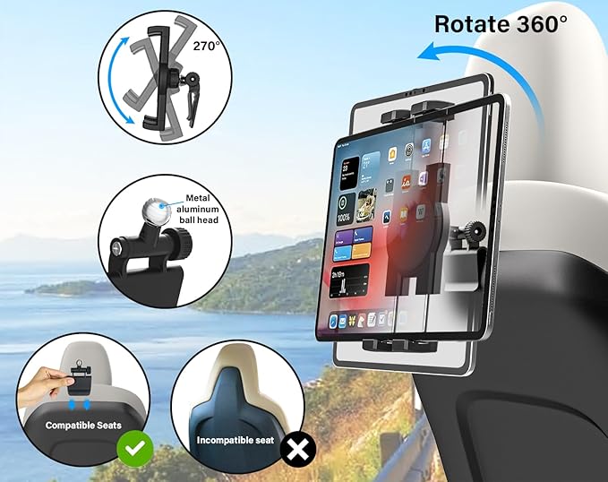 Tesla Tablet Mount Back Seat, Tesla Model Y Model 3 Headrest Tablet Holder for Kids [Metal Ball Head & 360° Rotation] for iPad Pro 12.9 Air Mini, Galaxy Tab, Fire, Switch, iPhone, 4-13"