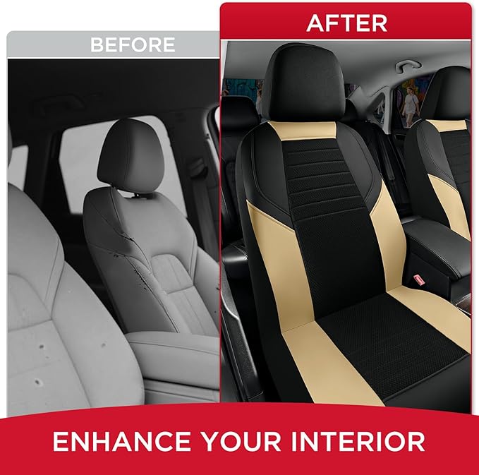 Rubbermaid Car Seat Cover, Leather & Air-Cool Mesh Front Seat Cover, Airbag Compatible, Slip-On Installation, Automotive Seat Cover Universal Fit for Most Cars, Trucks, SUVs-Beige