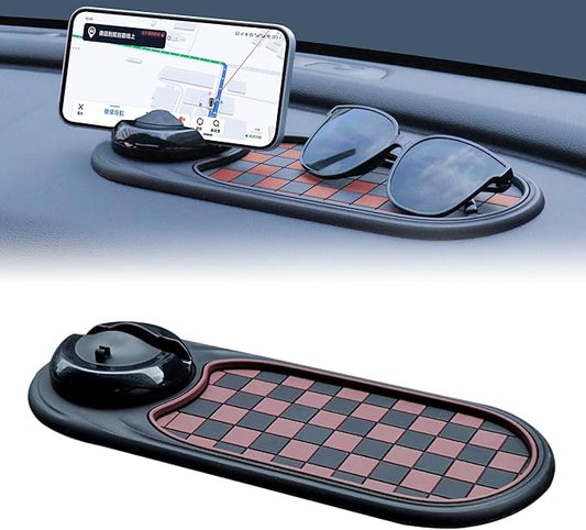 Universal Anti-Slip Car Dashboard Mat with 360° Rotating Phone Holder – Multi-Functional Organizer Pad for Phones, Sunglasses, Keys, and Daily Essentials (Brown Black)