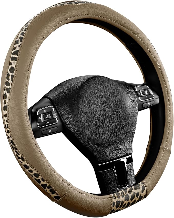 Road Comforts D-Type Steering Wheel Cover - Made with PVC Leather and Leopard Fabric - Universal Fit for 15-Inch D-Shaped Automotive Steering Wheels (Beige Color)