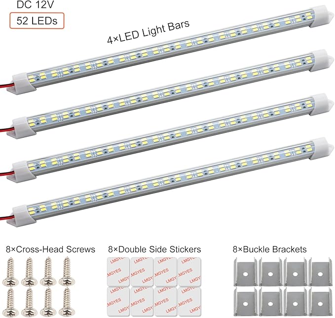 12V Interior LED Light Bar for Car,12V LED Light Strip 54 LEDs Lighting Super Bright 7000K White Color DIY Cabinet LED Light Strip for Car,Trailer,Motorhome,Van,RV,Truck Bed Lights(4 Pack)