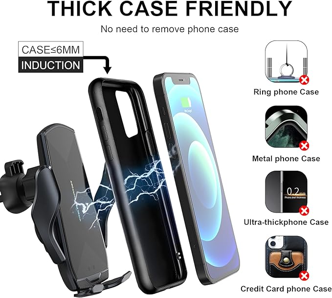 Wireless Car Charger Mount, 15W Qi Fast Charging Auto-Clamping Cell Phone Car Holder Air Vent Windshield Dashboard Long Arm Suction Cup Car Phone Mount for iPhone13 /12/11 Samsung S20/S10/S9/S8 LG