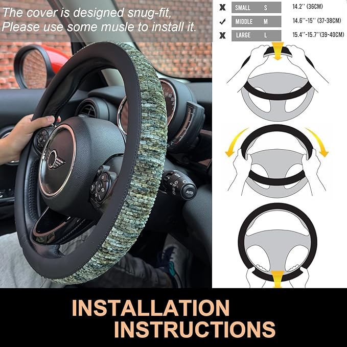 PINCTROT Chenille Leather Steering Wheel Cover, Soft Mottled Colors, Sweat-Proof, Non-Slip Grip, All-Season Comfort, Universal 14.5-15 Inch(Mottled Green)