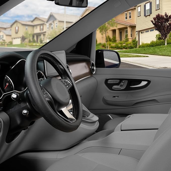 SEG Direct Black Car Steering Wheel Cover Medium Size 14.5-15 inch (37-39 cm), Breathable Microfiber Leather