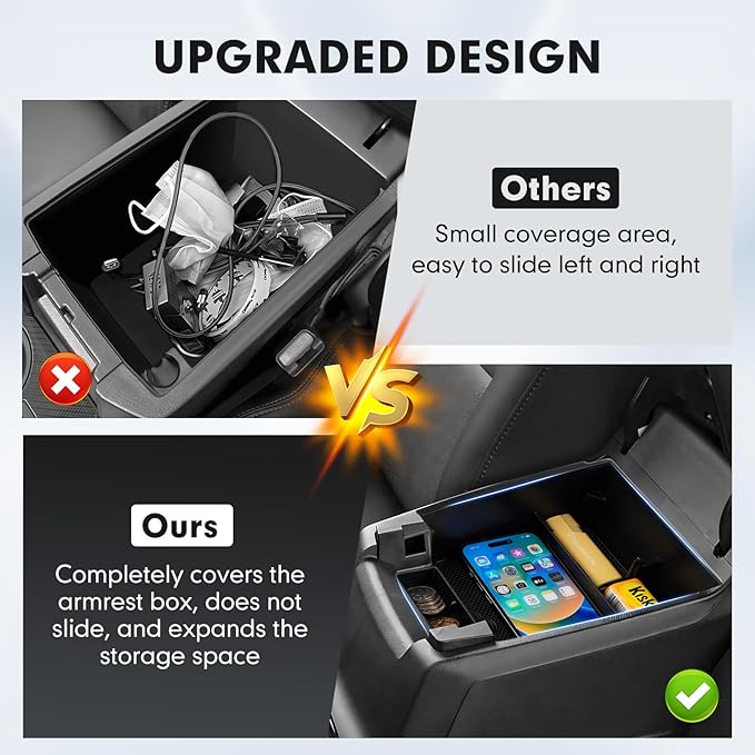 Autorder 2PCS Center Console Organizer for 2023-2026 Chevy Chevrolet Colorado/GMC Canyon Accessories Armrest Storage Box Hidden Storage Box Center Console Insert Tray with Anti-Slip Mat