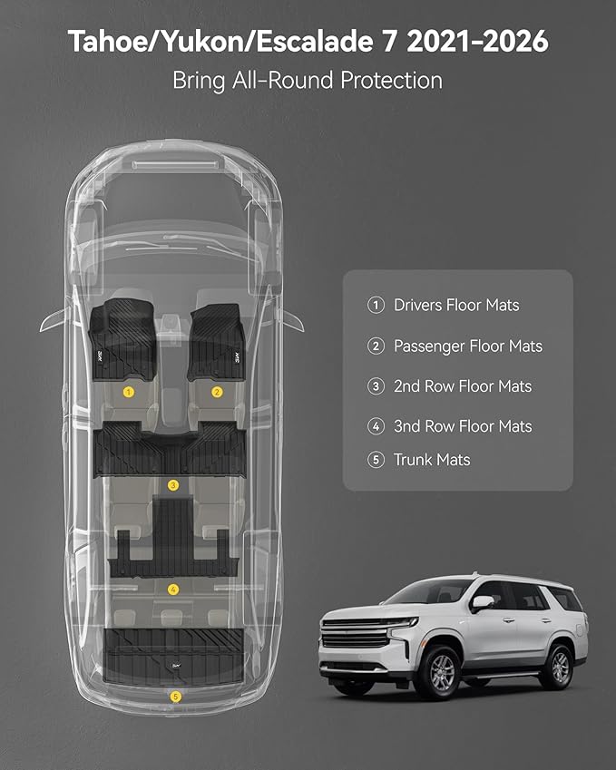 3W Floor Mats & Cargo Liner Fit for 2021 2022 2023 2024 2025 2026 Chevy Tahoe/GMC Yukon/Cadillac Escalade 7 Seat, TPE All Weather Custom Fit Car Accessories Heavy Duty Rubber Full Set Trunk Mats