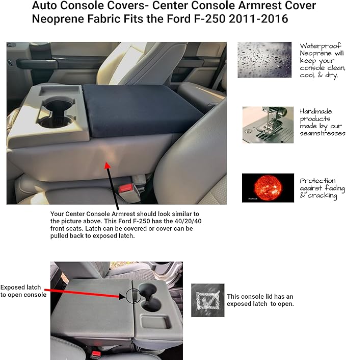 Auto Console Covers- Center Console Armrest Cover Fits Ford F-250 Super Duty 2011-2016 Waterproof Neoprene Fabric -Brown