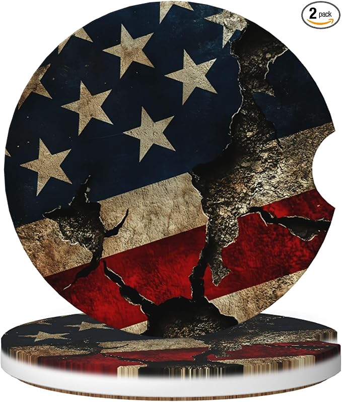 Absorbent Car Coasters for Cup Holders, 2 Pack Universal Anti Slip Ceramic Cup Coaster for Women Men 2.56 Inch Car Interior Accessories - Vintage American Flag 011